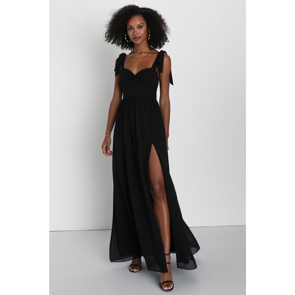 NWT Lulus Radiant Charisma Black Chiffon Ruched Tie-Strap Maxi Dress Wedding L - Picture 1 of 6